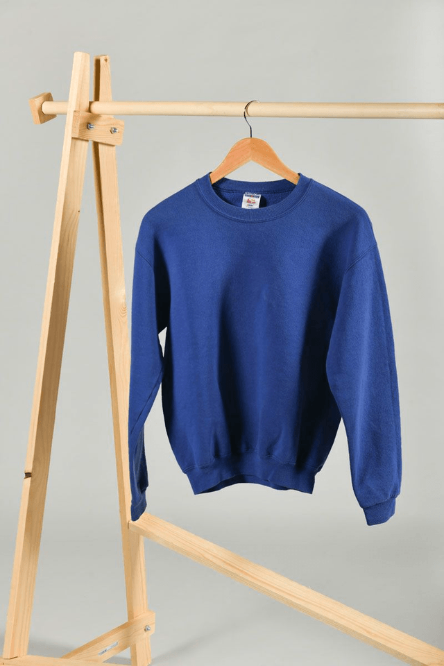 Sweat bleu Jerzees seconde main sérigraphié – Œuvre montagne pantin