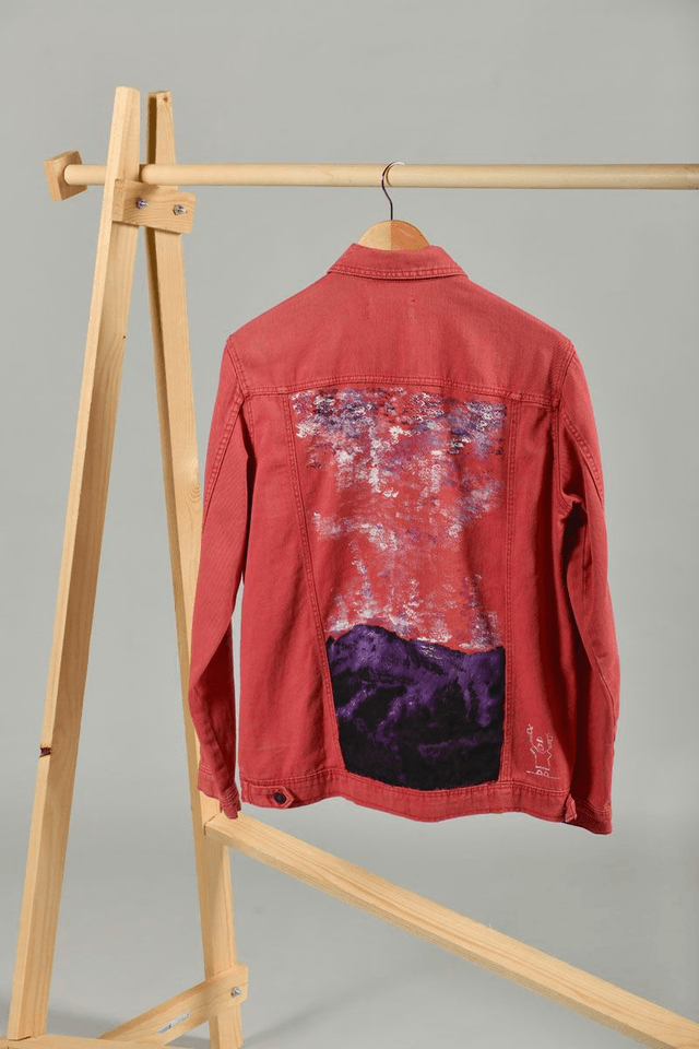 veste en jeans Springfield de seconde main peinte à la main - œuvre paysage montagne levé de soleil