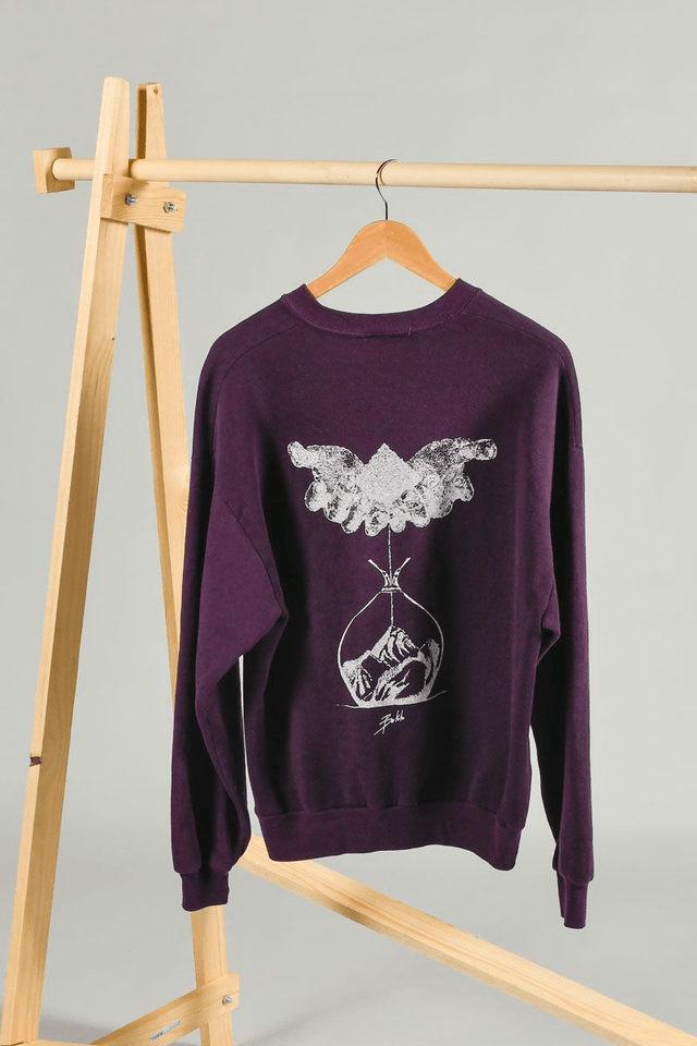 Sweat violet Jerzees seconde main sérigraphié – Œuvre main en sablier