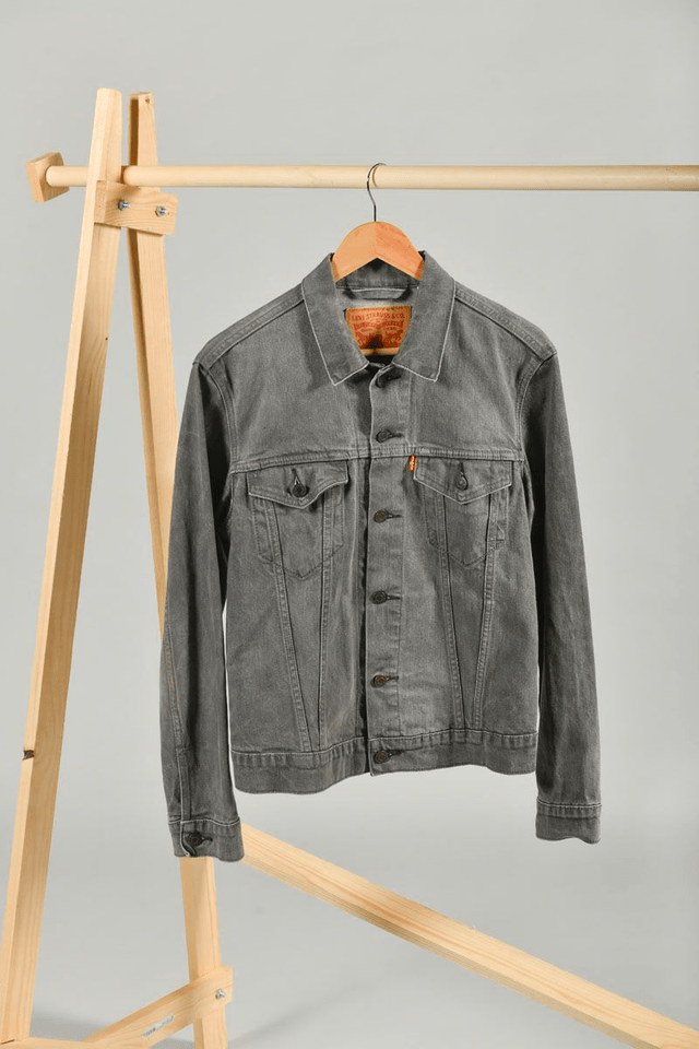 veste en jeans grise Levi'sde seconde main peinte à la main - œuvre paysage montagne Chartreuse
